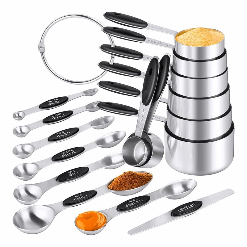 BOBIPRO Measuring Cups & Spoons Set of 16, BOBIPRO Stainless Steel 8 Nesting Measure Cups Set & 7 double-sided Magnetic Measuring Spoons Set & 1 Leveler for Dry and Liquid Ingredient - Image 1