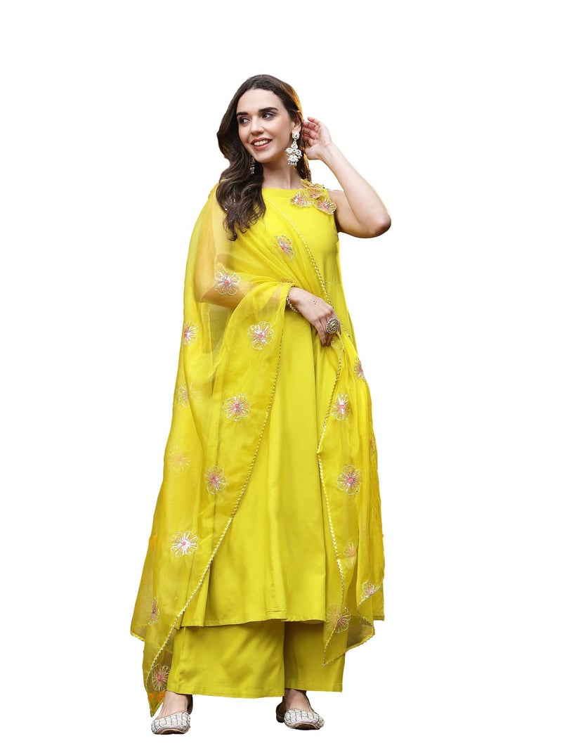 Stylum Women's Solid & Embellished Rayon Flared Kurta Palazzo Dupatta Set - Image 1