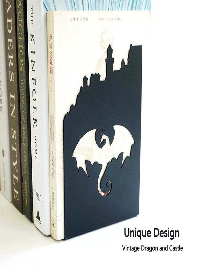 Yeaco 1 Pair 2pcs Heavy Metal Black Book Ends to Hold Books, Book Ends for Home Decorative (Dragon) - Image 2