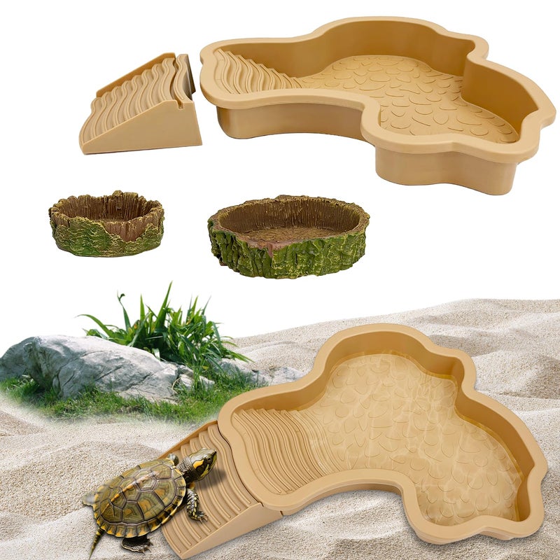 FALESHOS 3PCS Tortoise Habitat Accessories Creature Bathing Pool with Ramp Basking Area 2PCS Simulation Tree Stump Feeding Dish for Turtle Gecko Frog SemiAquatic Species - Image 2