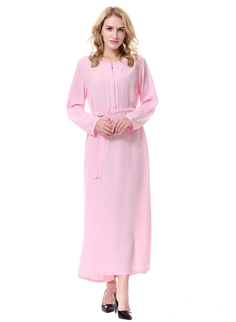 Loquat Woman's Solid Color Long Sleeve Zipper Maxi Dress Pink  - Image 1