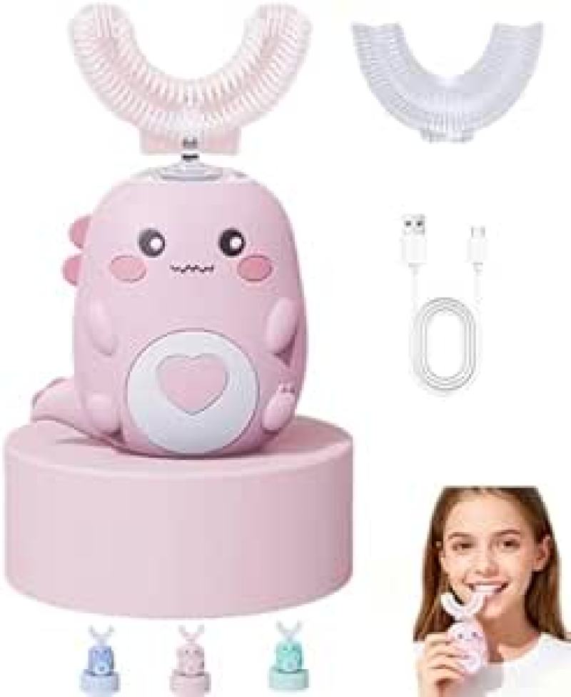 فرشاة أسنان كهربائية صوتية على شكل حرف U (تنظيف بزاوية 360 درجة، 3 أوضاع، ضوء LED، مقاومة للماء بمعيار IPX7، تنظيف سريع لمدة 60 ثانية، باللون الوردي للأعمار من 2 إلى 6 سنوات، مع هدية عبارة عن رأسَي فرشاة بديلين) - Image 2