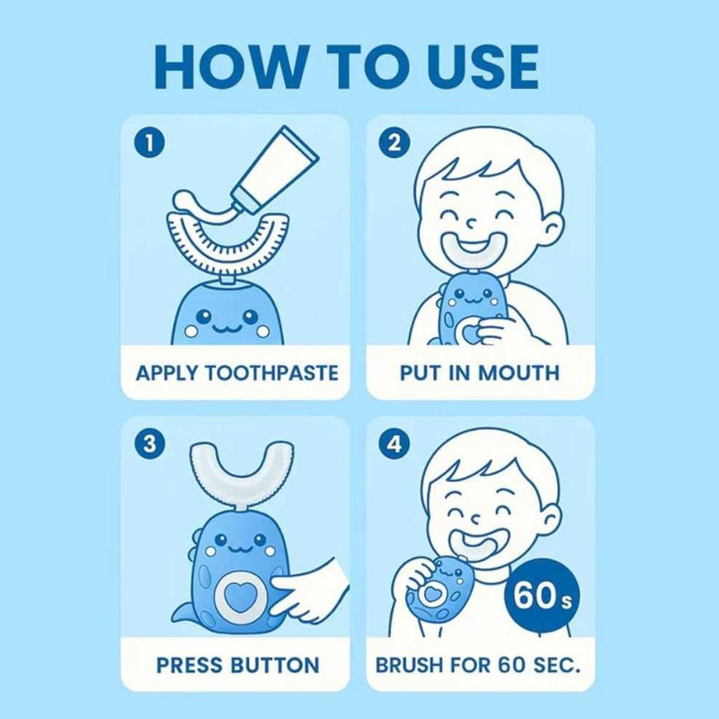 فرشاة أسنان كهربائية صوتية على شكل حرف U (تنظيف بزاوية 360 درجة، 3 أوضاع، ضوء LED، مقاومة للماء بمعيار IPX7، تنظيف سريع لمدة 60 ثانية، باللون الوردي للأعمار من 2 إلى 6 سنوات، مع هدية عبارة عن رأسَي فرشاة بديلين) - Image 4