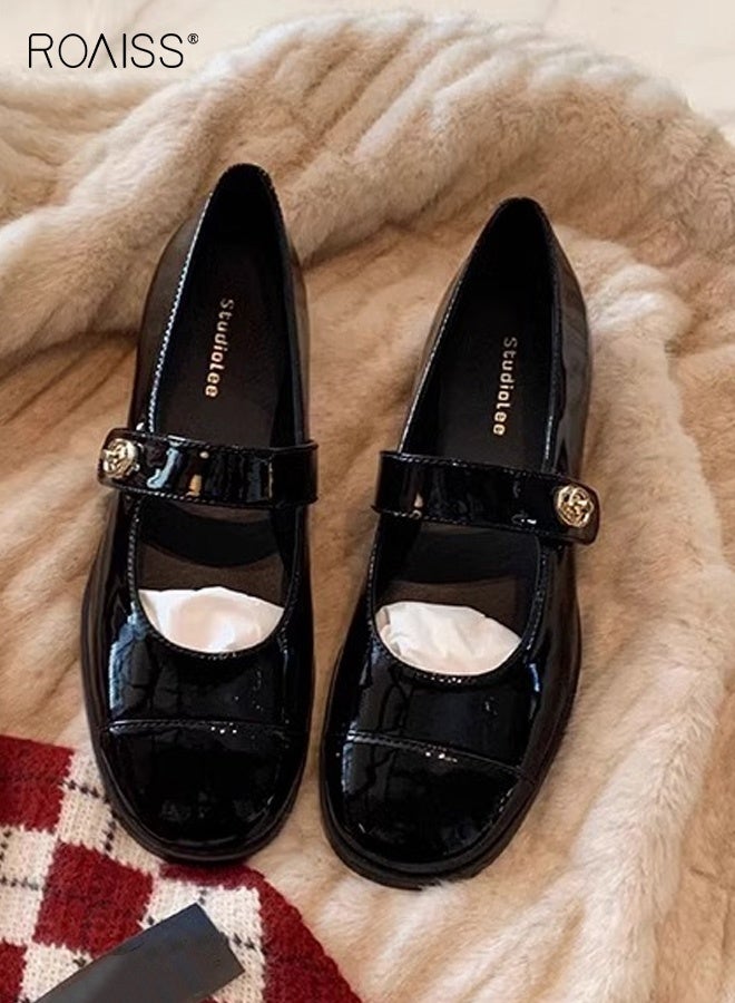 رويس حذاء ماري جين نسائي مريح وجيد التهوية، ذو مقدمة مستديرة، بتصميم فرنسي أنيق، مصنوع من الجلد الناعم، حذاء مسطح بكعب سميك منخفض، مناسب للارتداء اليومي، لون أسود - Image 1