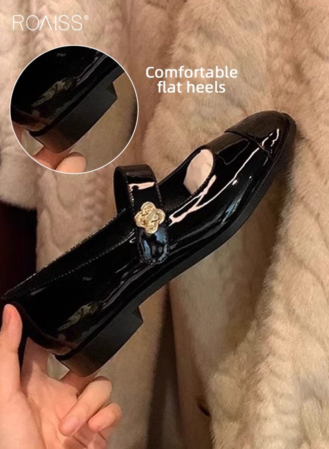 رويس حذاء ماري جين نسائي مريح وجيد التهوية، ذو مقدمة مستديرة، بتصميم فرنسي أنيق، مصنوع من الجلد الناعم، حذاء مسطح بكعب سميك منخفض، مناسب للارتداء اليومي، لون أسود - Image 5