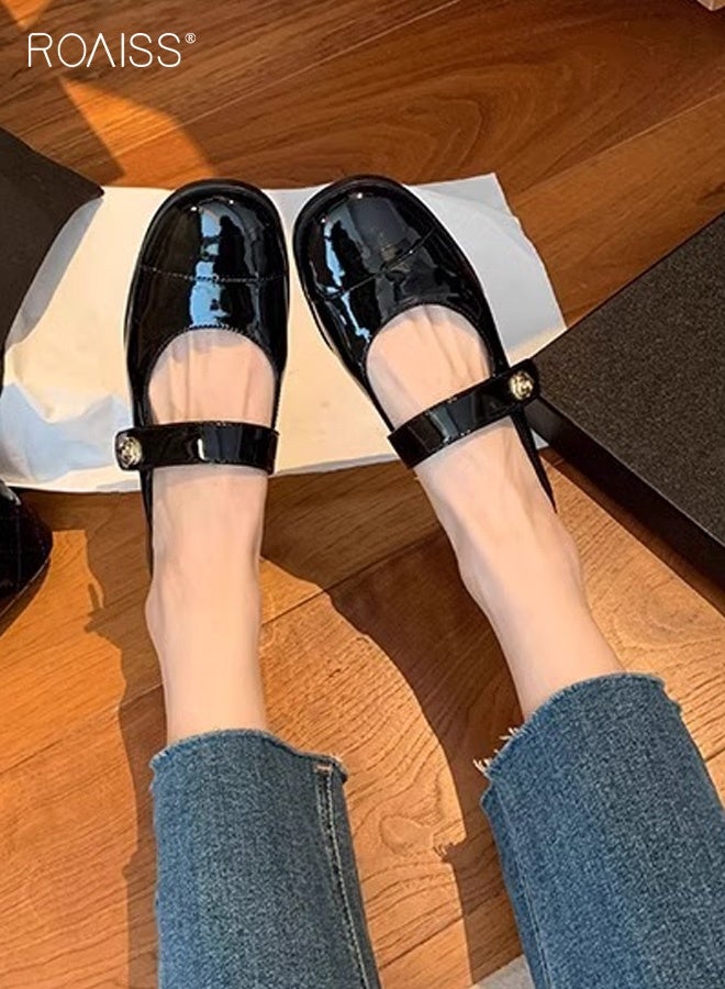 رويس حذاء ماري جين نسائي مريح وجيد التهوية، ذو مقدمة مستديرة، بتصميم فرنسي أنيق، مصنوع من الجلد الناعم، حذاء مسطح بكعب سميك منخفض، مناسب للارتداء اليومي، لون أسود - Image 2