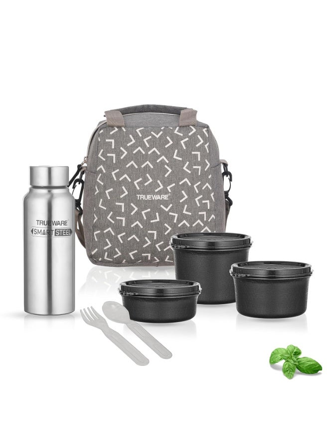 Trueware Omaga Lunch Box with Insulated Khadi Jacket, 3 Microwave Safe & Leak Proof Inner Stainless Steel Containers(1 x 200ml, 1 X 400ml & 1 X 500ml,500ml water bottle with spoon & fork - Image 1