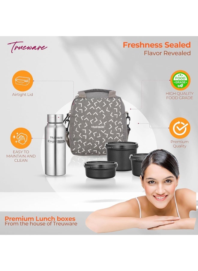 Trueware Omaga Lunch Box with Insulated Khadi Jacket, 3 Microwave Safe & Leak Proof Inner Stainless Steel Containers(1 x 200ml, 1 X 400ml & 1 X 500ml,500ml water bottle with spoon & fork - Image 3