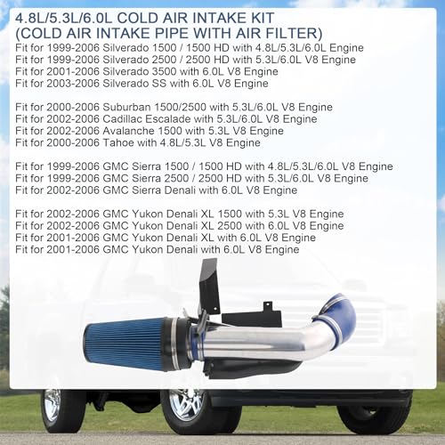 LDMINDA 4 inch Cold Air Intake Kit with Heat Shield Replacement For Silverado 1500 2500 3500 1999-2006 Replacement For GMC For Chevy Sierra V8 4.8L 5.3L 6.0L 1999 2000 2001 2002 2003 2004 2005 2006 - Image 3