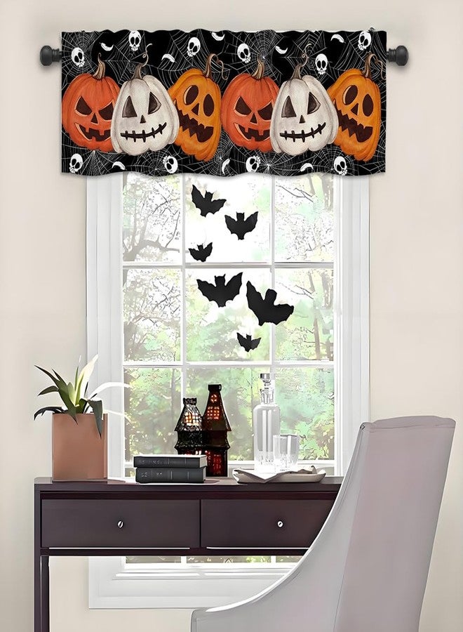 Finphoon Halloween Kitchen Valances for Windows, Halloween Decorations Pumpkin Spider Web Skull Valance Curtains, Rod Pocket Short Window Valances, Window Treatments for Living Bedroom 54"x18" - Image 4