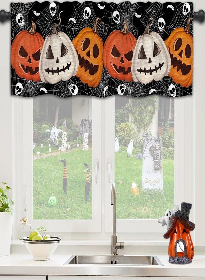 Finphoon Halloween Kitchen Valances for Windows, Halloween Decorations Pumpkin Spider Web Skull Valance Curtains, Rod Pocket Short Window Valances, Window Treatments for Living Bedroom 54"x18" - Image 1