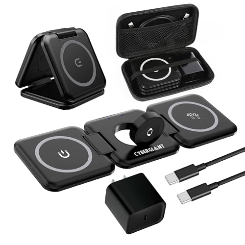 CYBERGIANT 3 in 1 Apple Charging Station for iPhone Airpods iWatch - Travel Charger for Multiple Devices, Portable Foldable Charging Station - Magnetic iPhone Charger with Adaptor&Case (Black) - Image 1