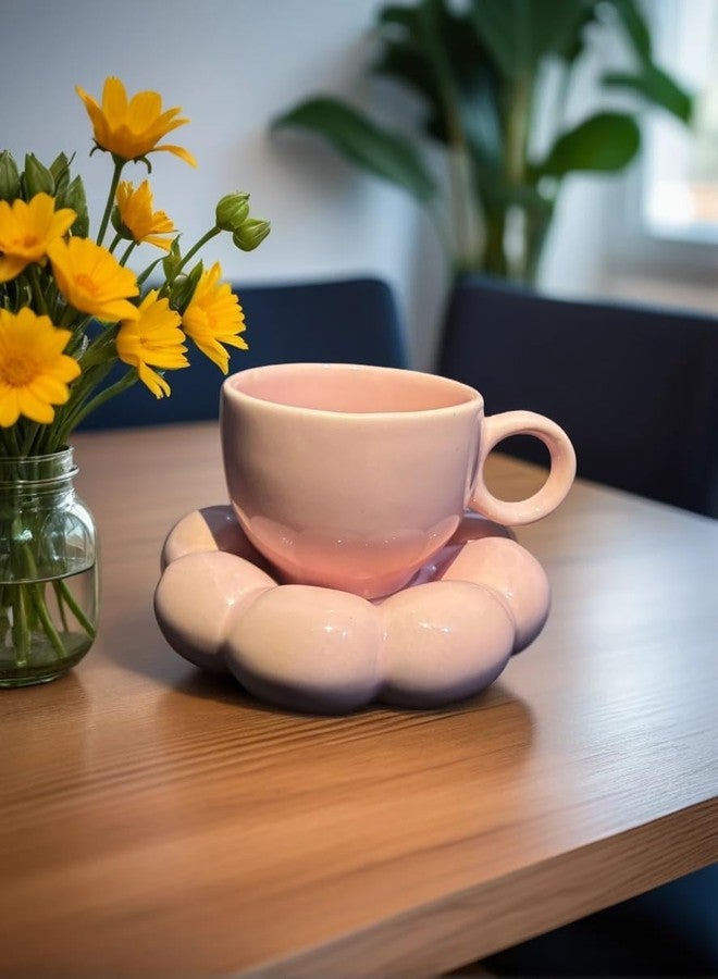 FARIYA Ceramic Handcrafted Sunflower Bloom Cup and Bubble Saucer Set of 2-Piece Tea & Coffee Set | 350ml | Pink Gift for Women | Cup and Saucer Combo - Image 1