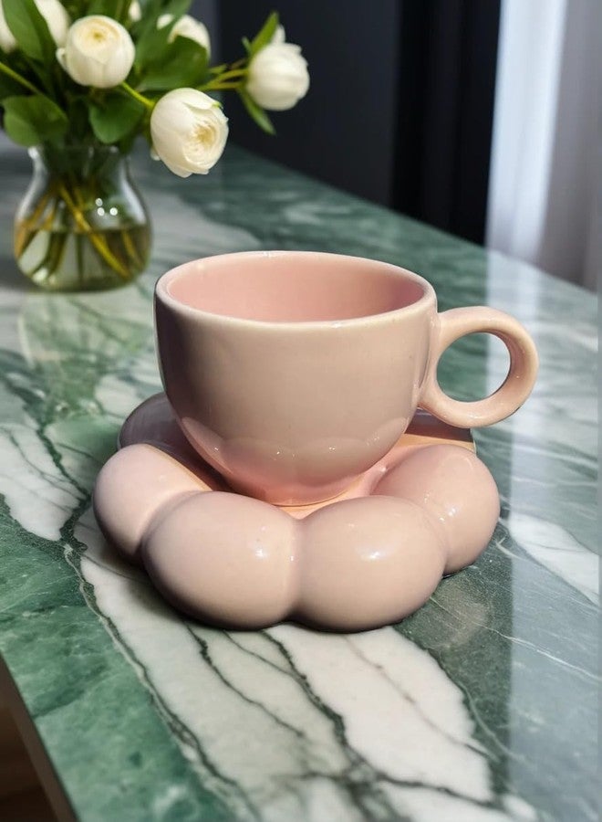 FARIYA Ceramic Handcrafted Sunflower Bloom Cup and Bubble Saucer Set of 2-Piece Tea & Coffee Set | 350ml | Pink Gift for Women | Cup and Saucer Combo - Image 3