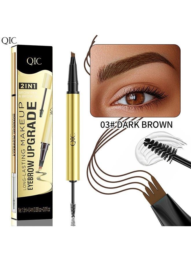 QIC 2 in 1 Brow Pen & Brow Gel- Defined Brows, Microblading Eyebrow Pencil and Clear Brow & Lash Mascara, Eye Brow Shaping and Defining kit for Natural Looking 03#DARK BROWN - Image 1