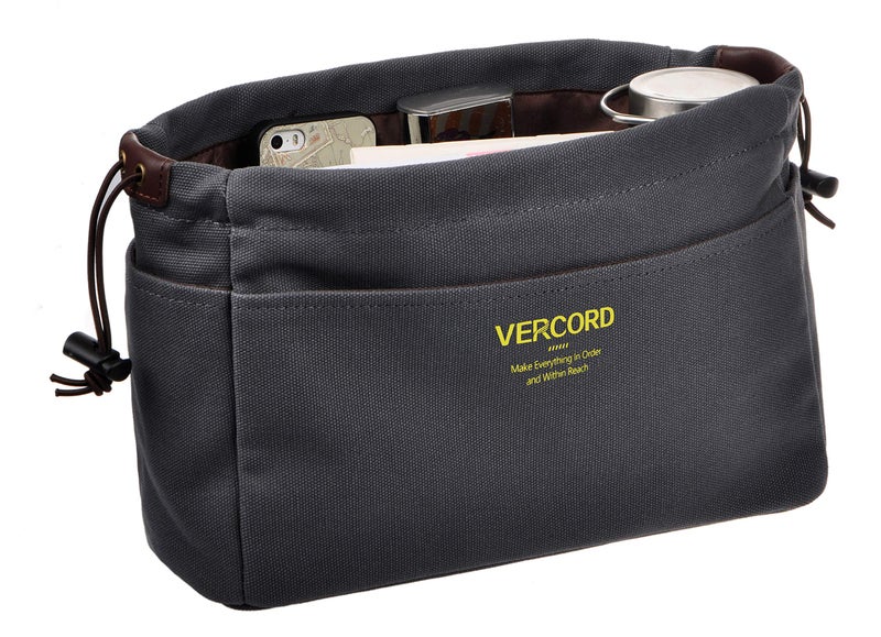 Vercord Canvas Handbag Organizers, Sturdy Purse Insert Organizer Bag in Bag, 10 Pockets Grey Small - Image 1