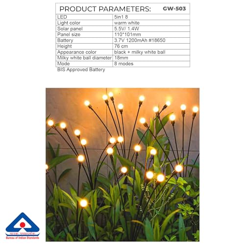 Gigawatts GW-503 5 in 1 Solar Lights 8 LED Outdoor Firefly Starburst Swaying Lamp with 5.5V Panel & Remote Control 1200mAh Battery for Pathway Yard Walkway Patio (Pack of 1, Warm White) - Image 2