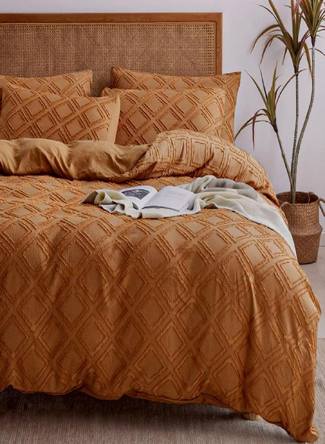 JELLYMONI Duvet Cover Queen, Rust Microfiber Tufted Duvet Cover Set, Boho Textured Duvet Cover Jacquard Rhombus Geometric Pattern Duvet Cover with Corner Ties & Zipper Closure