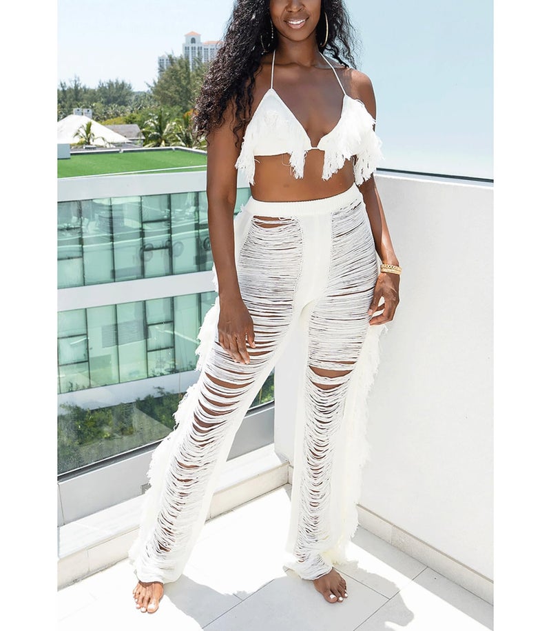 KANSOON Two Piece Sets for Women Sexy Crochet Outfits Halter Top Fringe Pants Summer Beach Partywear White L - Image 3