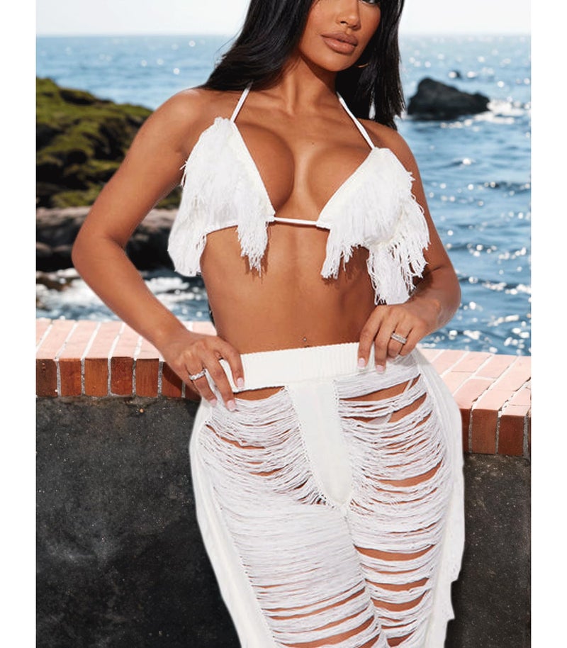 KANSOON Two Piece Sets for Women Sexy Crochet Outfits Halter Top Fringe Pants Summer Beach Partywear White L - Image 2