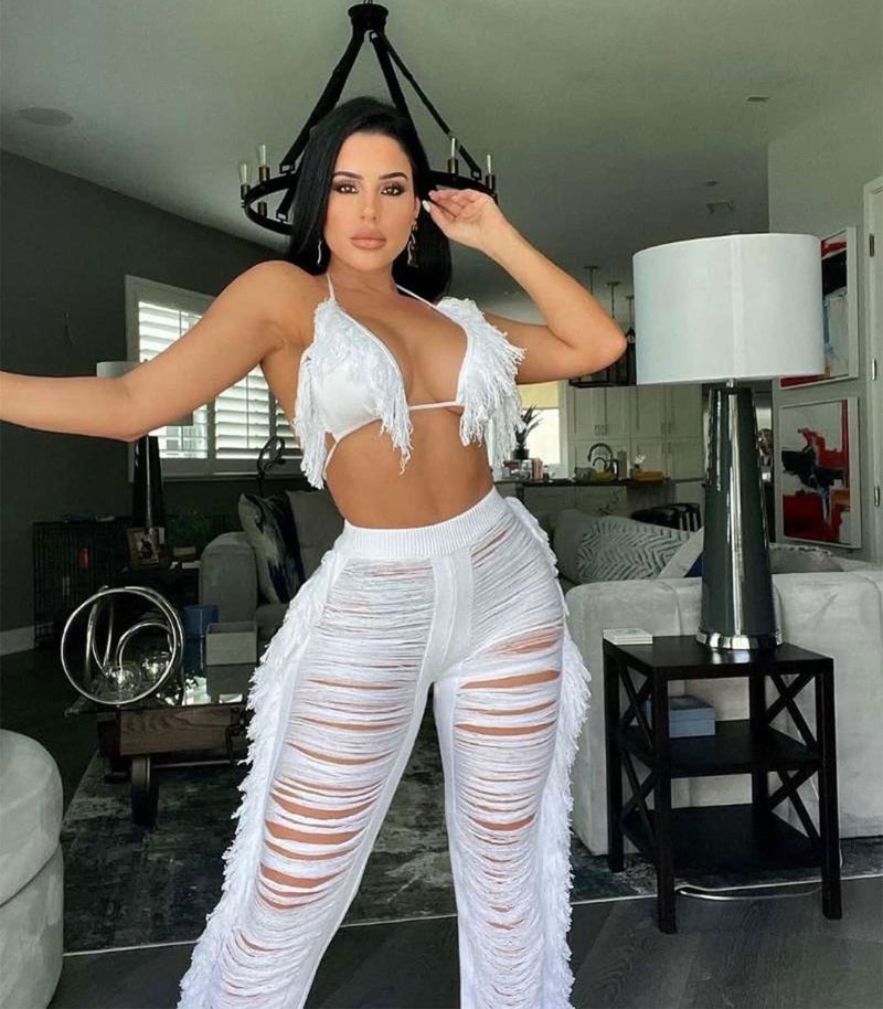 KANSOON Two Piece Sets for Women Sexy Crochet Outfits Halter Top Fringe Pants Summer Beach Partywear White L - Image 4