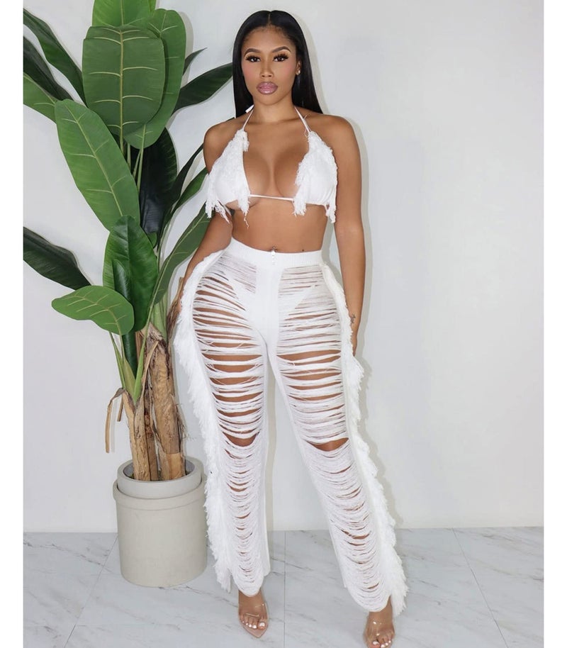 KANSOON Two Piece Sets for Women Sexy Crochet Outfits Halter Top Fringe Pants Summer Beach Partywear White L - Image 5