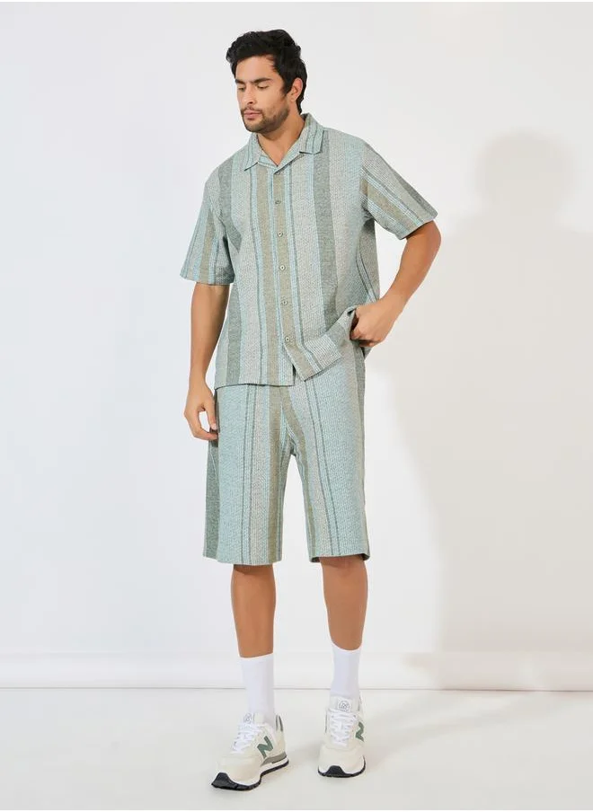 Styli Stripe Knit Resort Relaxed Shirt & Oversize Shorts Co-Ords