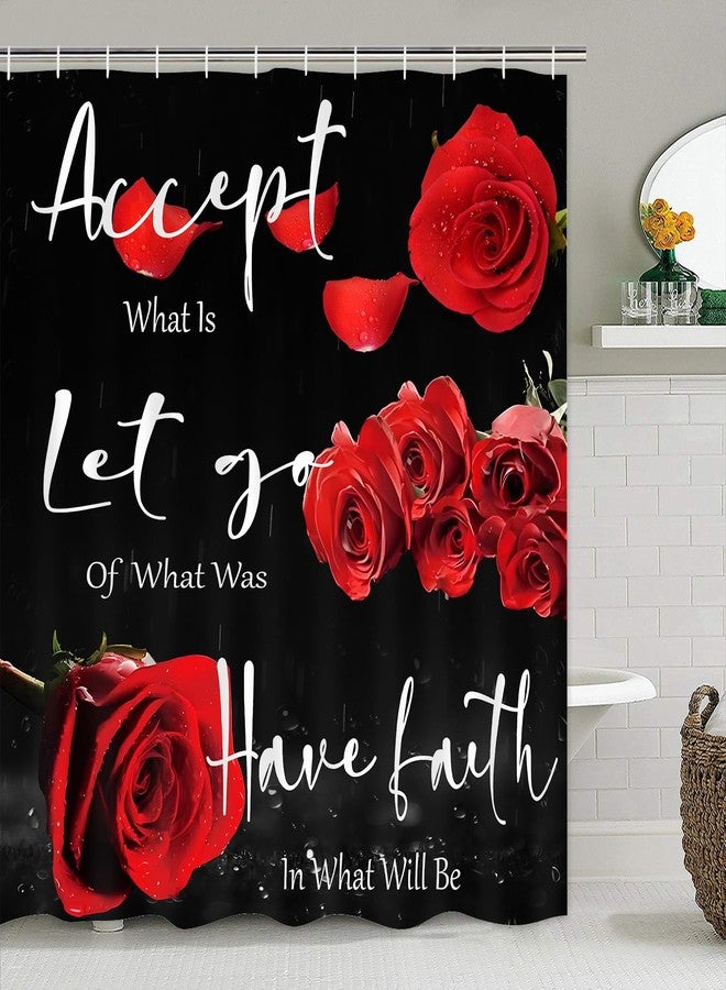 Yddsky 4 Pcs Red Rose Shower Curtain Sets Non-Slip Rugs Bath Mat Toilet Cover U Shaped Mat Thankful Grateful Blessed Black Red Shower Curtain with 12 Hooks Bathroom Set - Image 2