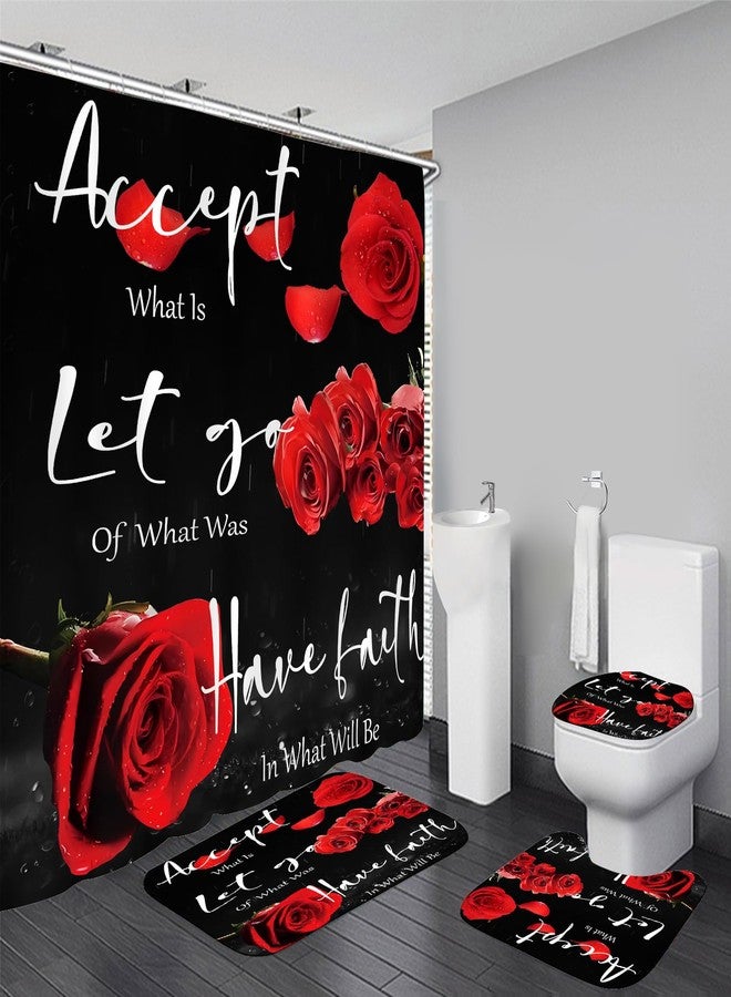 Yddsky 4 Pcs Red Rose Shower Curtain Sets Non-Slip Rugs Bath Mat Toilet Cover U Shaped Mat Thankful Grateful Blessed Black Red Shower Curtain with 12 Hooks Bathroom Set - Image 1