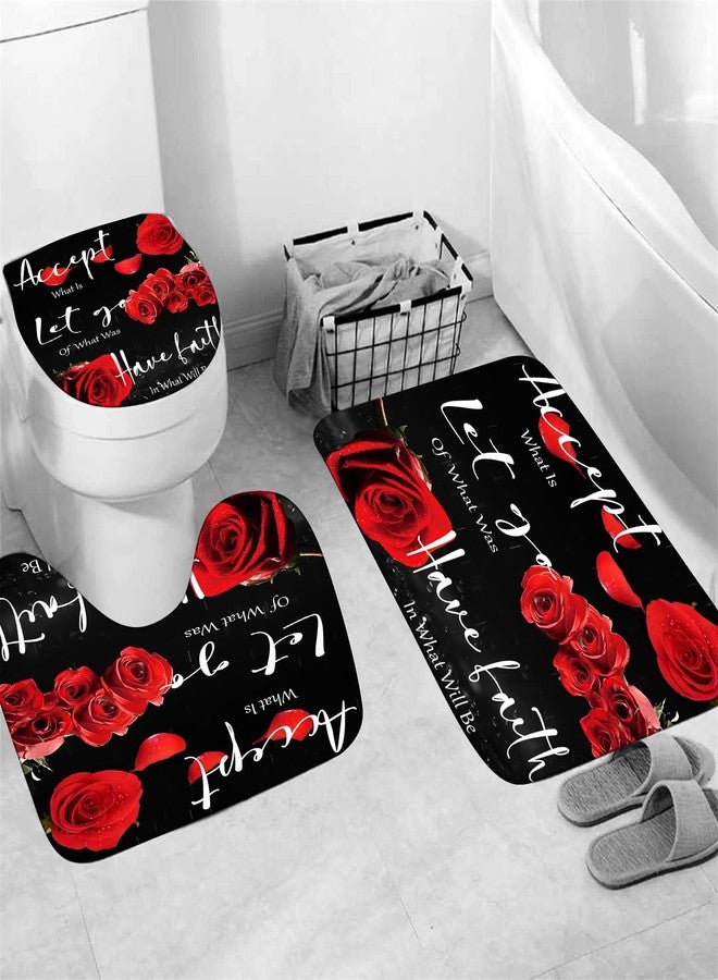 Yddsky 4 Pcs Red Rose Shower Curtain Sets Non-Slip Rugs Bath Mat Toilet Cover U Shaped Mat Thankful Grateful Blessed Black Red Shower Curtain with 12 Hooks Bathroom Set - Image 4