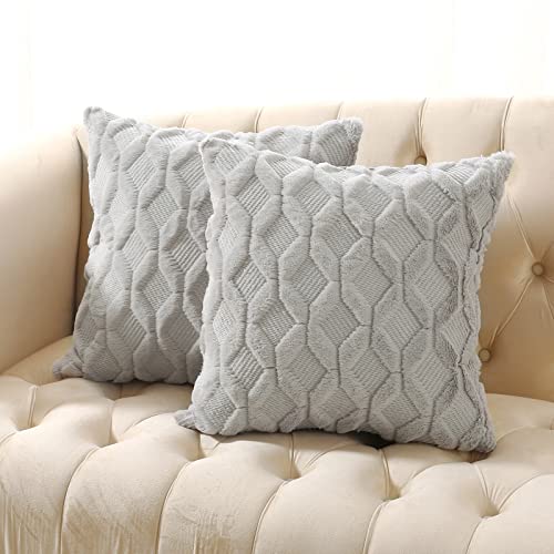 Volcanics Pack of 2 Faux Wool Throw Pillow Covers 18x18 Inches Decorative Farmhouse Velvet Couch Pillow Case Soft Plush Square Boho Cushion Pillowcase Light Grey - Image 1