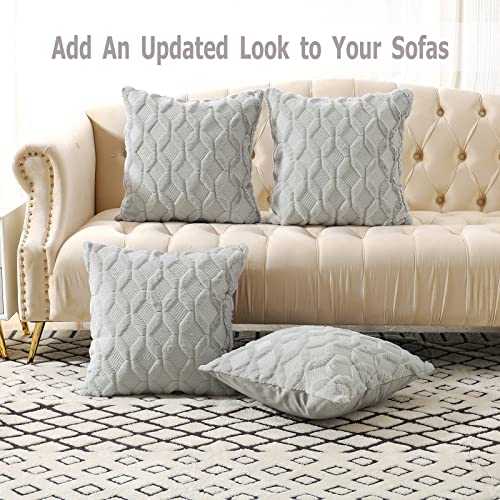 Volcanics Pack of 2 Faux Wool Throw Pillow Covers 18x18 Inches Decorative Farmhouse Velvet Couch Pillow Case Soft Plush Square Boho Cushion Pillowcase Light Grey - Image 3
