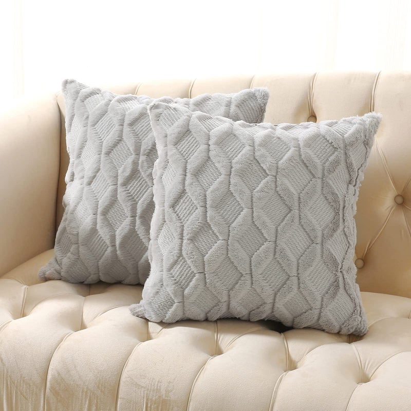 Volcanics Pack of 2 Faux Wool Throw Pillow Covers 18x18 Inches Decorative Farmhouse Velvet Couch Pillow Case Soft Plush Square Boho Cushion Pillowcase Light Grey - Image 2