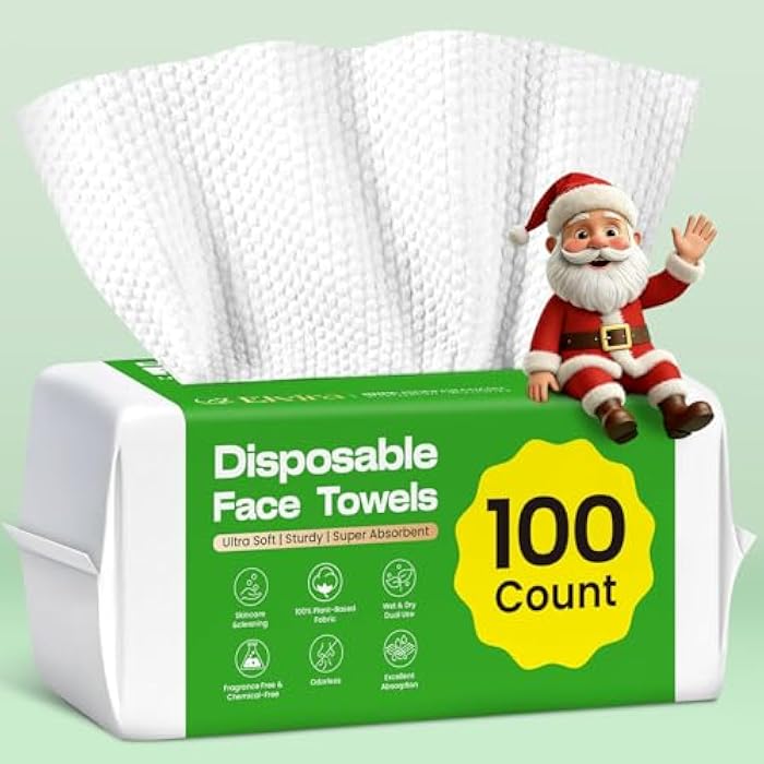 Elvira 100 Count Disposable Face Towels, Biodegradable Facial Cleansing Towels, Ultra Soft & Thick Cloth for Sensitive Skin, Makeup Remover Dry Wipes, Lint-Free Towelettes for Cleansing - Image 1