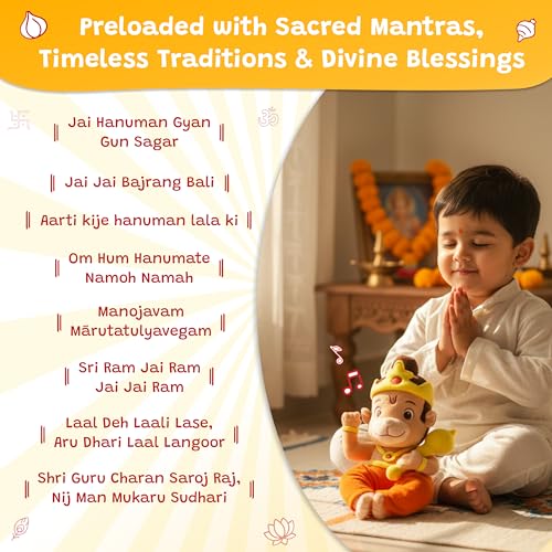 WonderBuddy Divine Mantra Chanting Baby Hanuman with 8 Preloaded Mantras & Aartis, Musical Soft Plush Toy, Best Return Gift for Infants, Toddlers & Kids (Medium - 25 Cm) - Image 3