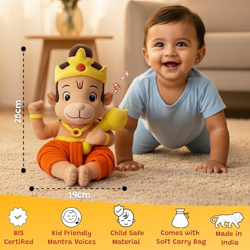 WonderBuddy Divine Mantra Chanting Baby Hanuman with 8 Preloaded Mantras & Aartis, Musical Soft Plush Toy, Best Return Gift for Infants, Toddlers & Kids (Medium - 25 Cm) - Image 4
