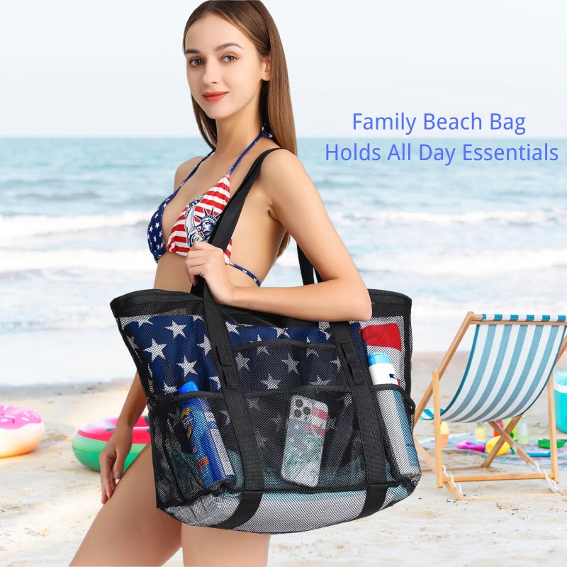 F-color Foldable XL Mesh Beach Bag, 9-Pockets Lightweight Beach Bag for Women with Bottom Waterproof-Sandproof for Pool Travel Grocery Neon Green - Image 2