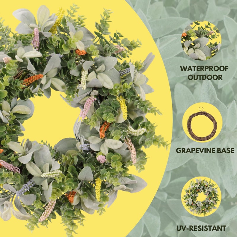 Quixem Artificial Greenery Wreath 20IN â€“ Lambâ€™s Ear & Boxwood with Colorful Lavender, Spring & Summer Front Door DÃ©cor, Farmhouse Style Indoor Outdoor Wall Decoration - Image 5