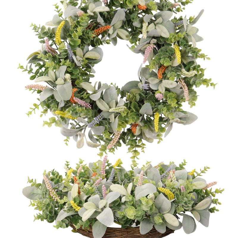 Quixem Artificial Greenery Wreath 20IN â€“ Lambâ€™s Ear & Boxwood with Colorful Lavender, Spring & Summer Front Door DÃ©cor, Farmhouse Style Indoor Outdoor Wall Decoration - Image 1