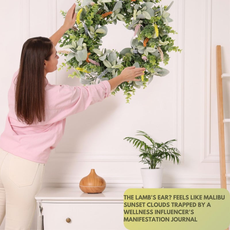 Quixem Artificial Greenery Wreath 20IN â€“ Lambâ€™s Ear & Boxwood with Colorful Lavender, Spring & Summer Front Door DÃ©cor, Farmhouse Style Indoor Outdoor Wall Decoration - Image 3