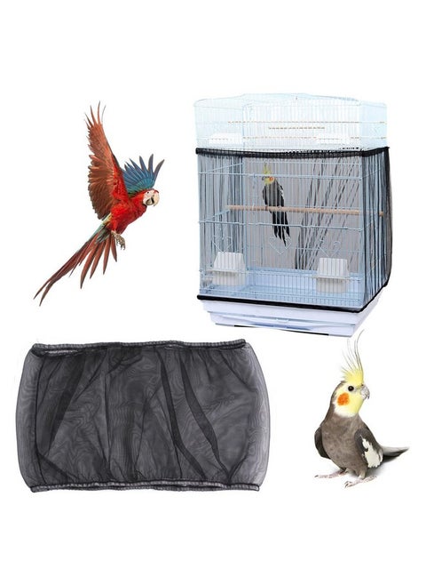 Bird Cage Seed Catcher, Bird Cage Net Cover Adjustable Bird Cage Netting Seed Catcher for Bird Cages Seed Catcher Guard Net Cover Bird Cage Skirt for Parrot Parakeet Macaw Round Square Cages - Black