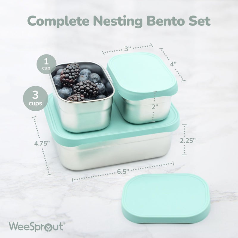 WeeSprout Stainless Steel Lunch Box Set - 750mL & 230mL Food Storage Nested Bento Boxes with Food Grade Silicone Lid - Leak Proof - Freezer Safe (Pastel Mint) - Image 2