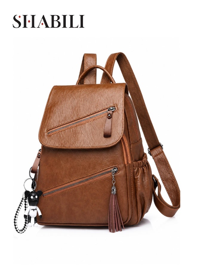 SHABILI Women PU Large-Capacity Multi-Pocket Stitching Backpack Back Bag College School Tourist, Anti-Theft Daypack with Detachable Strap Top Handle for Teenager Youth Daily Casual Travel Commute (Brown) - Image 1