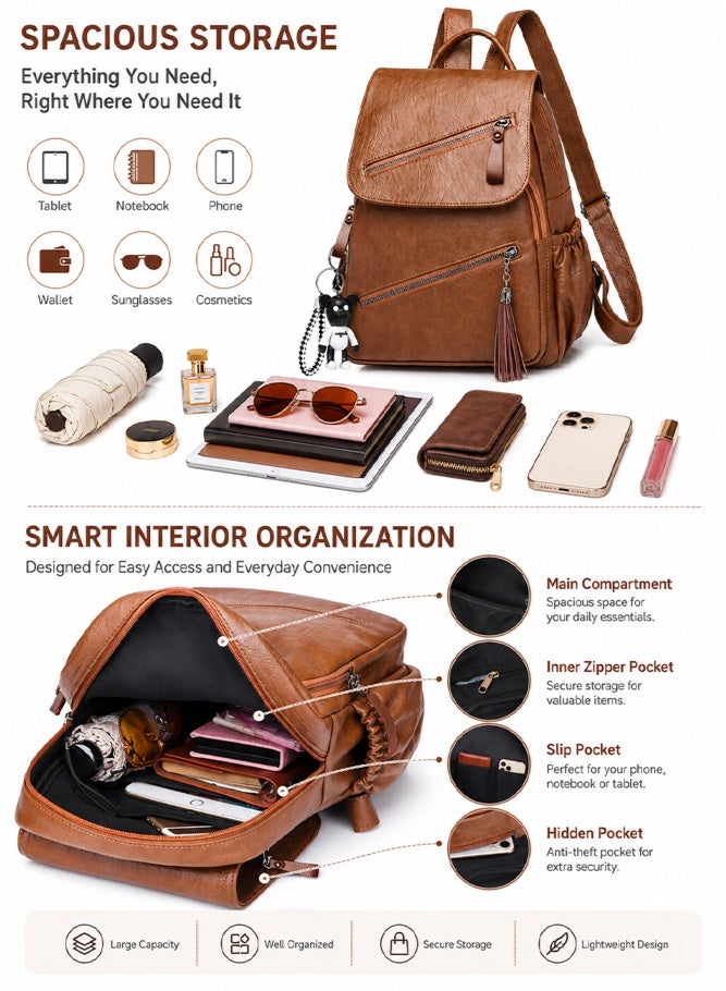 SHABILI Women PU Large-Capacity Multi-Pocket Stitching Backpack Back Bag College School Tourist, Anti-Theft Daypack with Detachable Strap Top Handle for Teenager Youth Daily Casual Travel Commute (Brown) - Image 3
