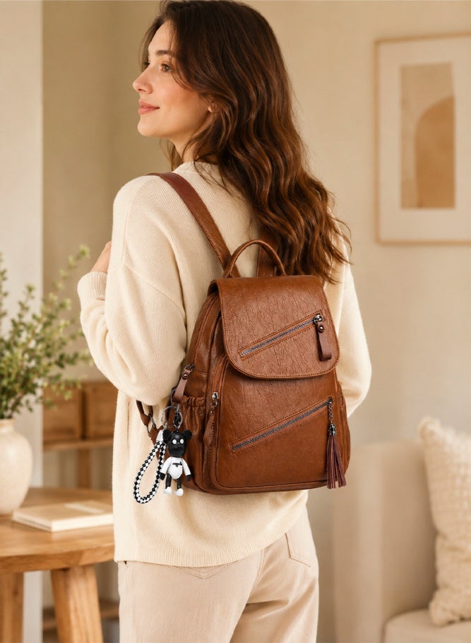 SHABILI Women PU Large-Capacity Multi-Pocket Stitching Backpack Back Bag College School Tourist, Anti-Theft Daypack with Detachable Strap Top Handle for Teenager Youth Daily Casual Travel Commute (Brown) - Image 2