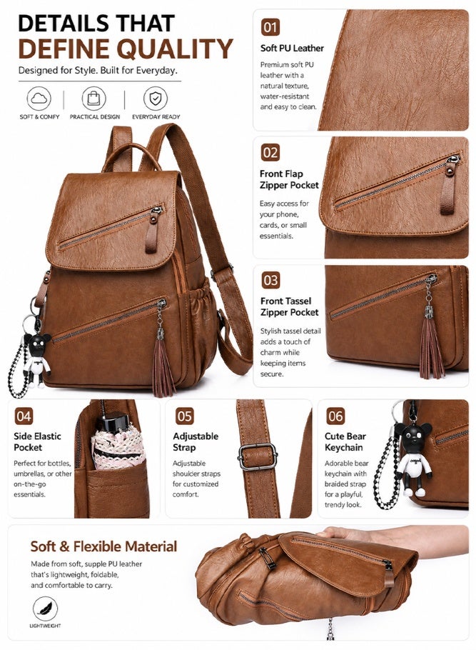 SHABILI Women PU Large-Capacity Multi-Pocket Stitching Backpack Back Bag College School Tourist, Anti-Theft Daypack with Detachable Strap Top Handle for Teenager Youth Daily Casual Travel Commute (Brown) - Image 5