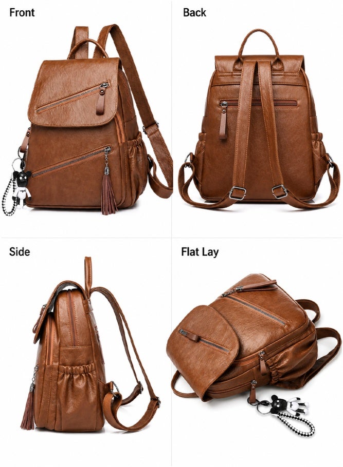 SHABILI Women PU Large-Capacity Multi-Pocket Stitching Backpack Back Bag College School Tourist, Anti-Theft Daypack with Detachable Strap Top Handle for Teenager Youth Daily Casual Travel Commute (Brown) - Image 4