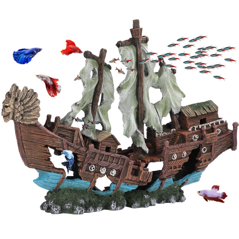 UNEAK Large Shipwreck Aquarium Decorations Ornament wSail 2 Pieces 20 Gallons high and Larger Fish Tank Sunken Ship Decoration Ornaments Pirate Boat Resin Freshwater Saltwater Decor
