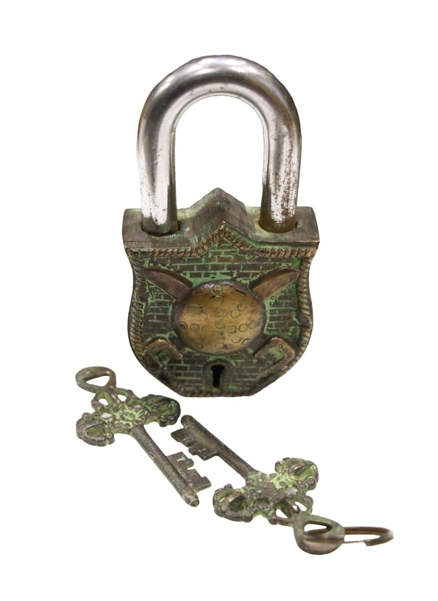 BHAVIKA DECOR BHAVIKA DECOR Brass Speare Padlock Vintage Style Antique Security Lock Functional Pad Lock with 2 Keys Green  - Image 1
