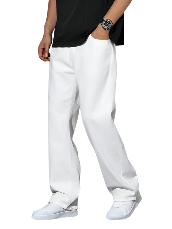 Waltz Men's High Waist Stretchable White Oversized Baggy Loose Relax Fit Wide Leg Boy Friend Casual Denim Jeans Pant for Men Size 36 - Image 1
